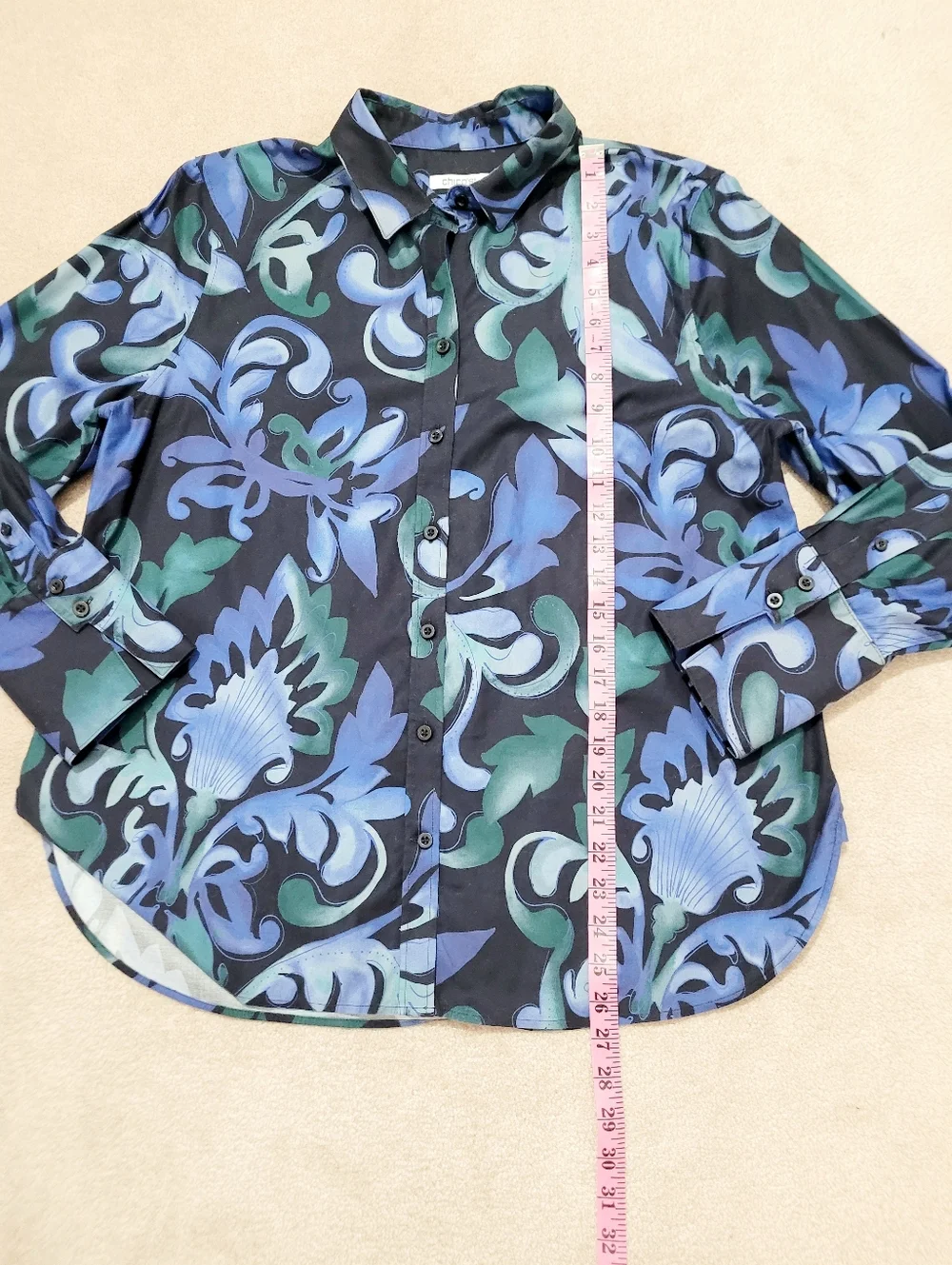 Chico’s Woman Size 12 Blue Floral Button Front Blouse Cotton Blend Stretch - Picture 11 of 12